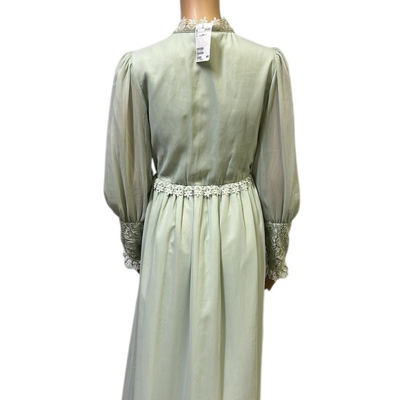 H&M Green Chiffon Crochet Lace Boho Prairie Midi Length Lined Dress Womens 10 - Picture 7 of 13